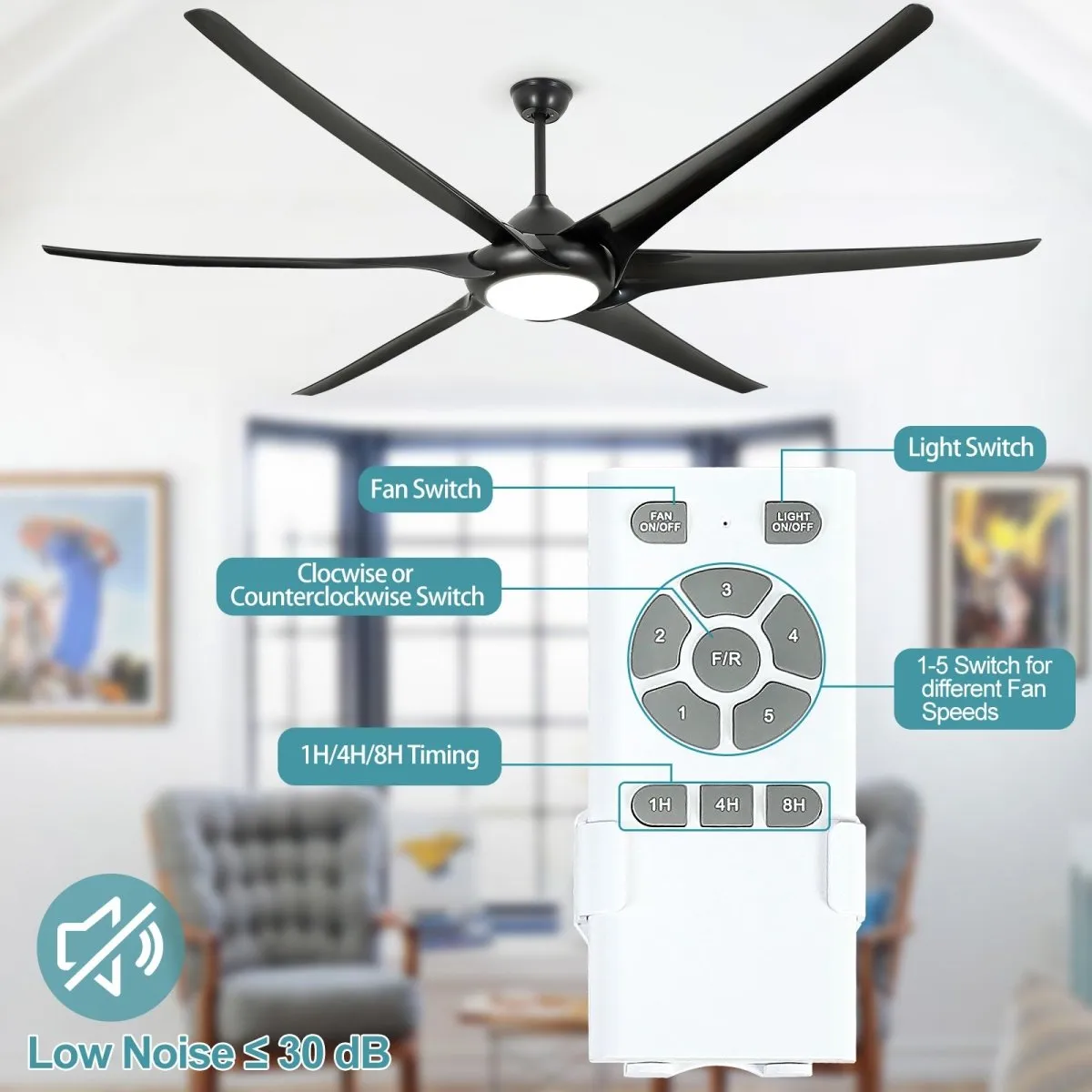 Depuley 100" Ceiling Fans with Lights and Remote, Large Black Ceiling Fan with Light LED, Modern Reversible Ceiling Fan with 5-Speed for Office & Covered Outdoor, Color Changeable 3000K-6000K, Timer