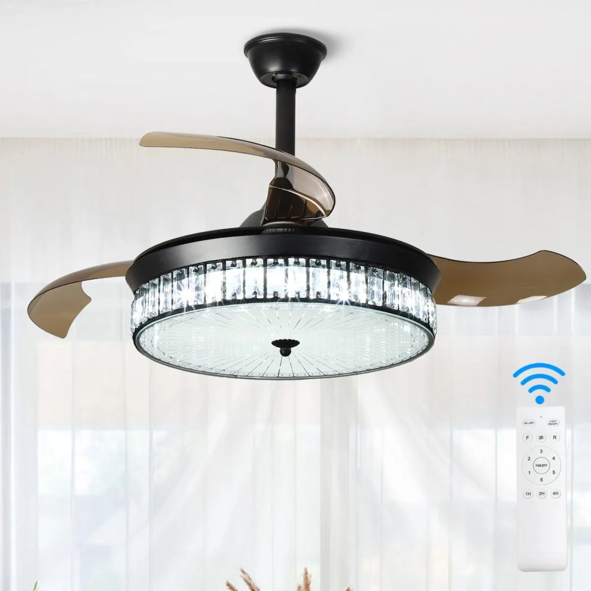 Depuley 42" Retractable Crystal Ceiling Fan with Light and Remote, Modern Fandelier with Reversible Invisible Blades, 3 Light Changes 6 Speeds, Noise-Free Chandelier Ceiling Fan for Bedroom, Living Room
