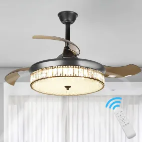 Depuley 42" Retractable Crystal Ceiling Fan with Light and Remote, Modern Fandelier with Reversible Invisible Blades, 3 Light Changes 6 Speeds, Noise-Free Chandelier Ceiling Fan for Bedroom, Living Room