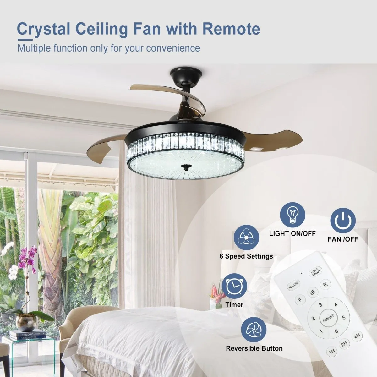 Depuley 42" Retractable Crystal Ceiling Fan with Light and Remote, Modern Fandelier with Reversible Invisible Blades, 3 Light Changes 6 Speeds, Noise-Free Chandelier Ceiling Fan for Bedroom, Living Room
