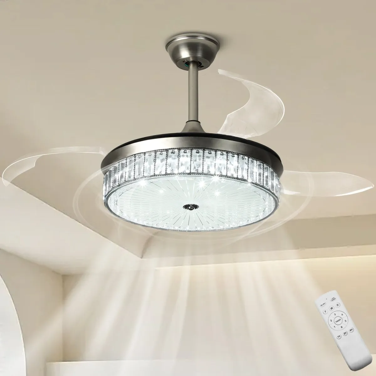 Depuley 42" Retractable Crystal Ceiling Fan with Light and Remote, Modern Fandelier with Reversible Invisible Blades, 3 Light Changes 6 Speeds, Noise-Free Chandelier Ceiling Fan for Bedroom, Living Room