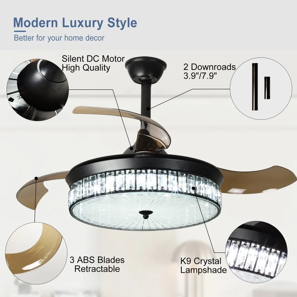 Depuley 42" Retractable Crystal Ceiling Fan with Light and Remote, Modern Fandelier with Reversible Invisible Blades, 3 Light Changes 6 Speeds, Noise-Free Chandelier Ceiling Fan for Bedroom, Living Room