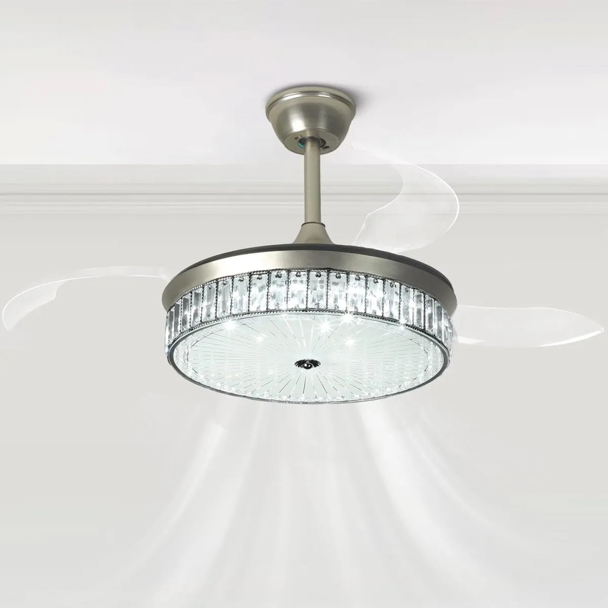 Depuley 42" Retractable Crystal Ceiling Fan with Light and Remote, Modern Fandelier with Reversible Invisible Blades, 3 Light Changes 6 Speeds, Noise-Free Chandelier Ceiling Fan for Bedroom, Living Room