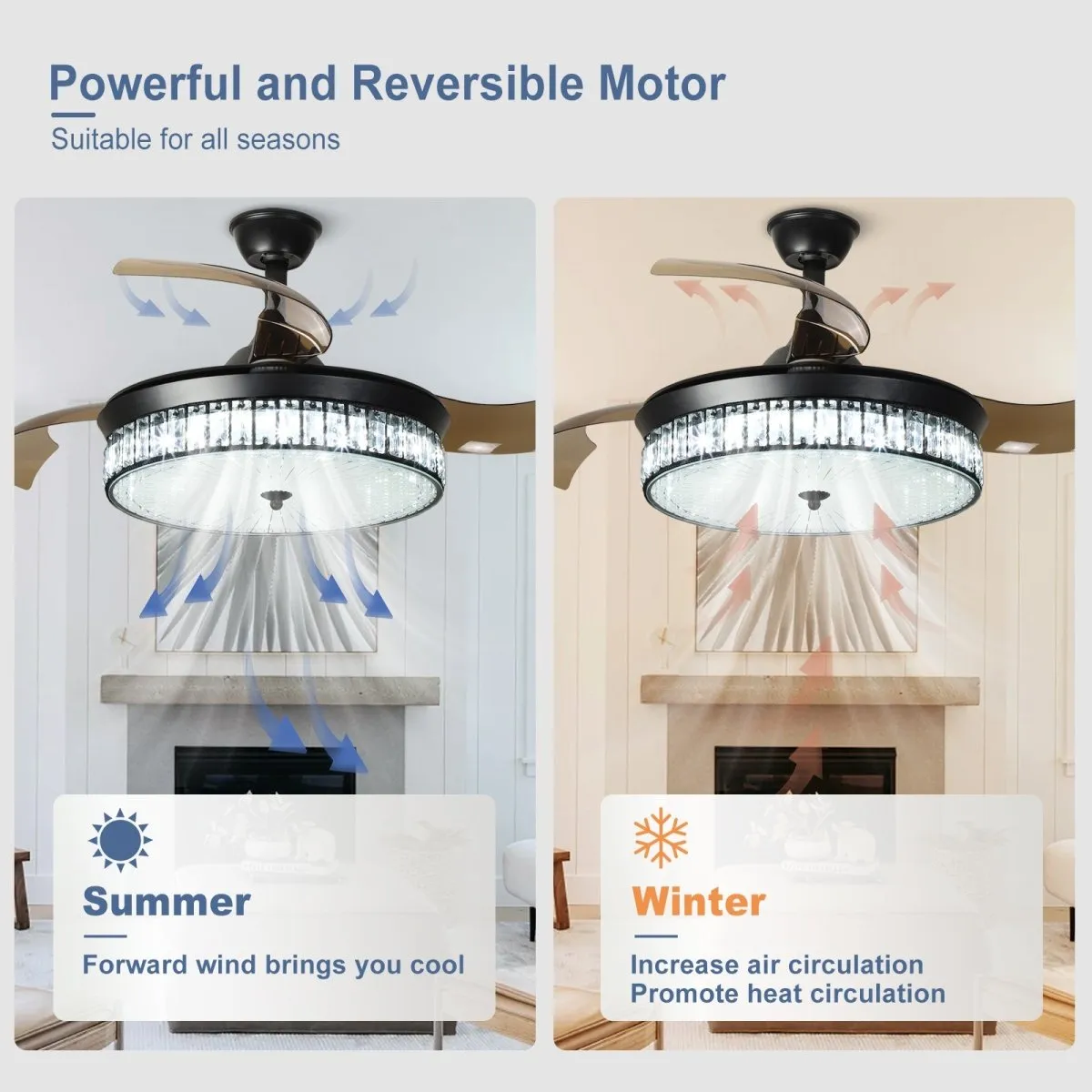 Depuley 42" Retractable Crystal Ceiling Fan with Light and Remote, Modern Fandelier with Reversible Invisible Blades, 3 Light Changes 6 Speeds, Noise-Free Chandelier Ceiling Fan for Bedroom, Living Room