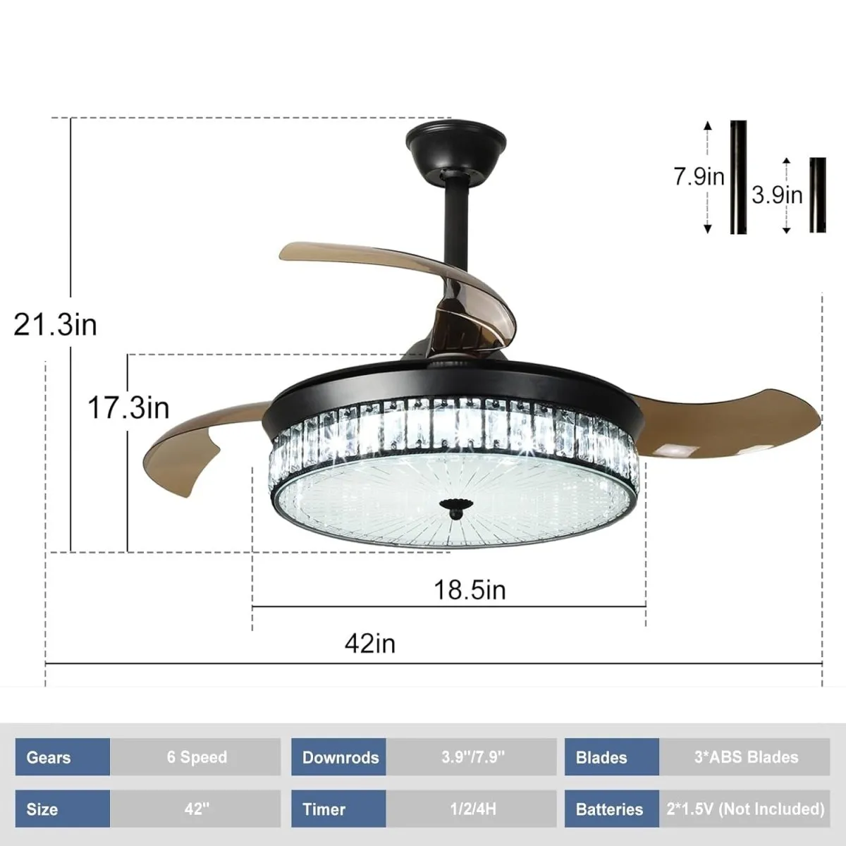 Depuley 42" Retractable Crystal Ceiling Fan with Light and Remote, Modern Fandelier with Reversible Invisible Blades, 3 Light Changes 6 Speeds, Noise-Free Chandelier Ceiling Fan for Bedroom, Living Room