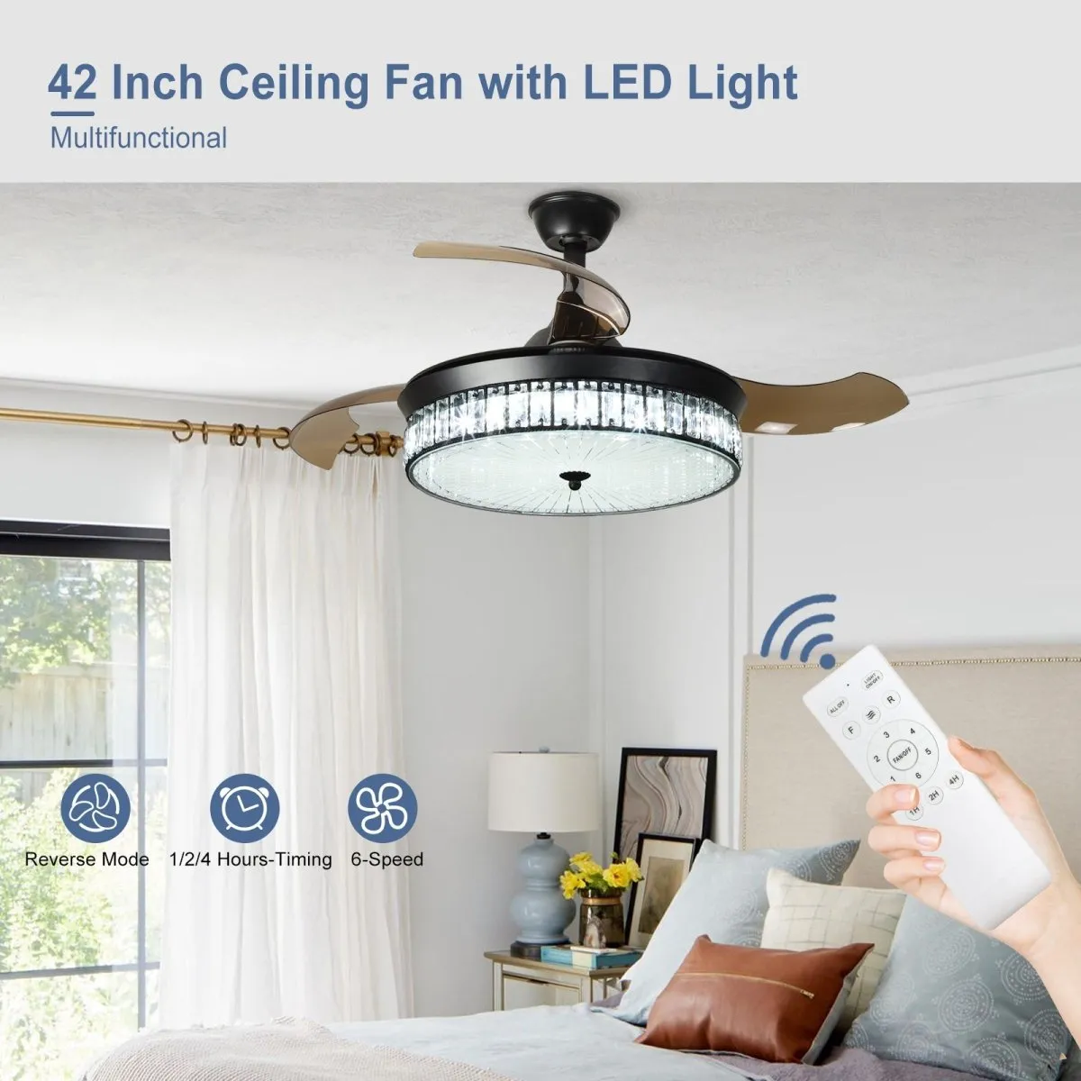 Depuley 42" Retractable Crystal Ceiling Fan with Light and Remote, Modern Fandelier with Reversible Invisible Blades, 3 Light Changes 6 Speeds, Noise-Free Chandelier Ceiling Fan for Bedroom, Living Room