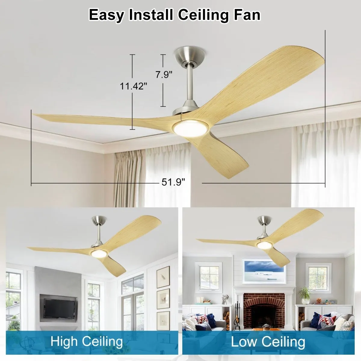 Depuley 52" Ceiling Fans with LED Lights and Remote, Modern Ceiling Fan Noiseless Reversible DC Motor for Kitchen/Patio/Farmhouse & Covered Outdoor Lighting, Timing, 3 Light Color Changeable