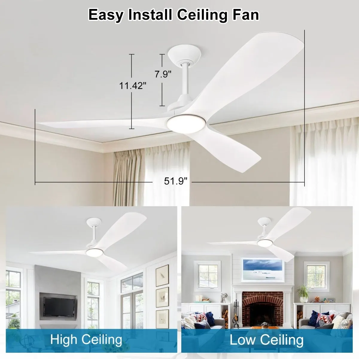 Depuley 52" Modern Ceiling Fan with Lights Remote Control, Low Profile Ceiling Fans Noiseless Reversible DC Motor for Bedroom/Living Room/Study/Patio Lighting, Timing, 3 Light Color Changeable-White