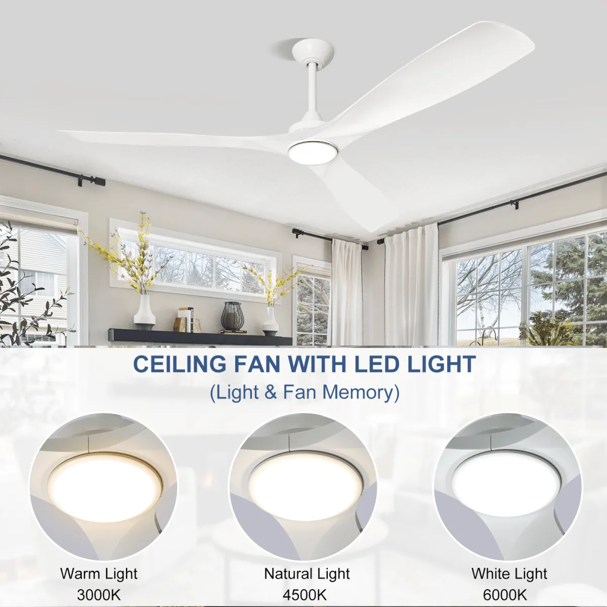 Depuley 60" Modern Ceiling Fan with Lights and Remote, Large Ceiling Fans Noiseless Reversible DC Motor for Patios/Living Room/Study/Gazebo Lighting, Timing, 3 Light Color Changeable-White