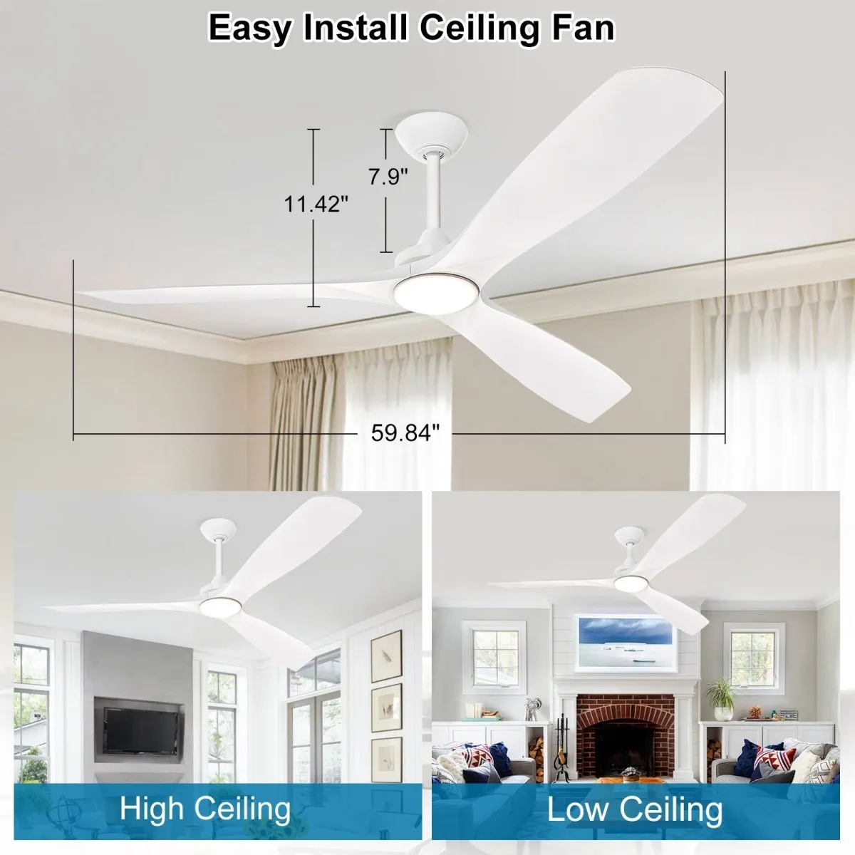 Depuley 60" Modern Ceiling Fan with Lights and Remote, Large Ceiling Fans Noiseless Reversible DC Motor for Patios/Living Room/Study/Gazebo Lighting, Timing, 3 Light Color Changeable-White