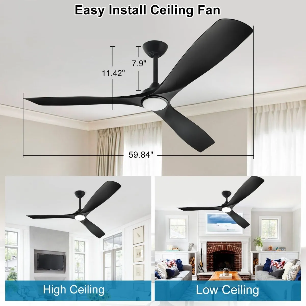 Depuley 60" Remote Ceiling Fan with Lights, Low Profile Modern Ceiling Fans, Noiseless Reversible DC Motor for Patios/Living Room/Study/Gazebo Lighting, Timing, 3 Light Color Changeable-Matte Black