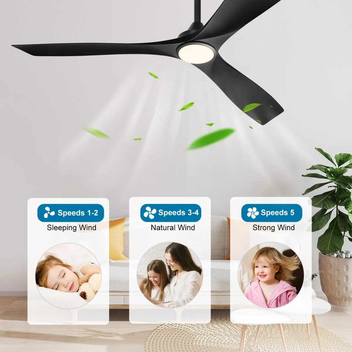 Depuley 60" Remote Ceiling Fan with Lights, Low Profile Modern Ceiling Fans, Noiseless Reversible DC Motor for Patios/Living Room/Study/Gazebo Lighting, Timing, 3 Light Color Changeable-Matte Black