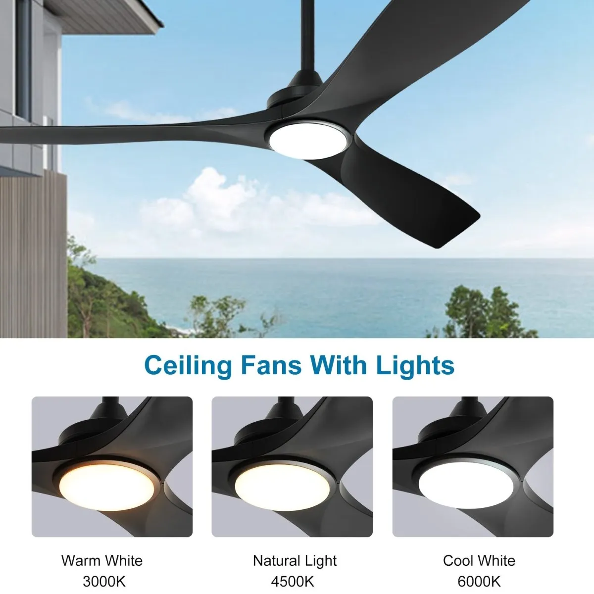 Depuley 60" Remote Ceiling Fan with Lights, Low Profile Modern Ceiling Fans, Noiseless Reversible DC Motor for Patios/Living Room/Study/Gazebo Lighting, Timing, 3 Light Color Changeable-Matte Black