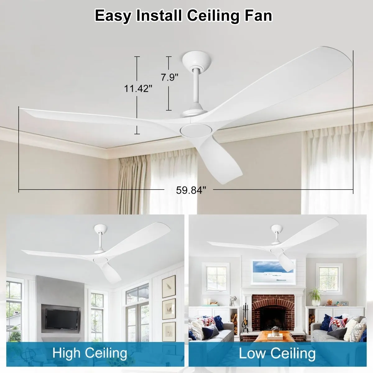 Depuley 60" White Flush Mount Remote Ceiling Fan No Light, Low Profile Modern Ceiling Fans Without Light, Noiseless Reversible DC Motor for Patios/Living Room/Study/Gazebo, Timing