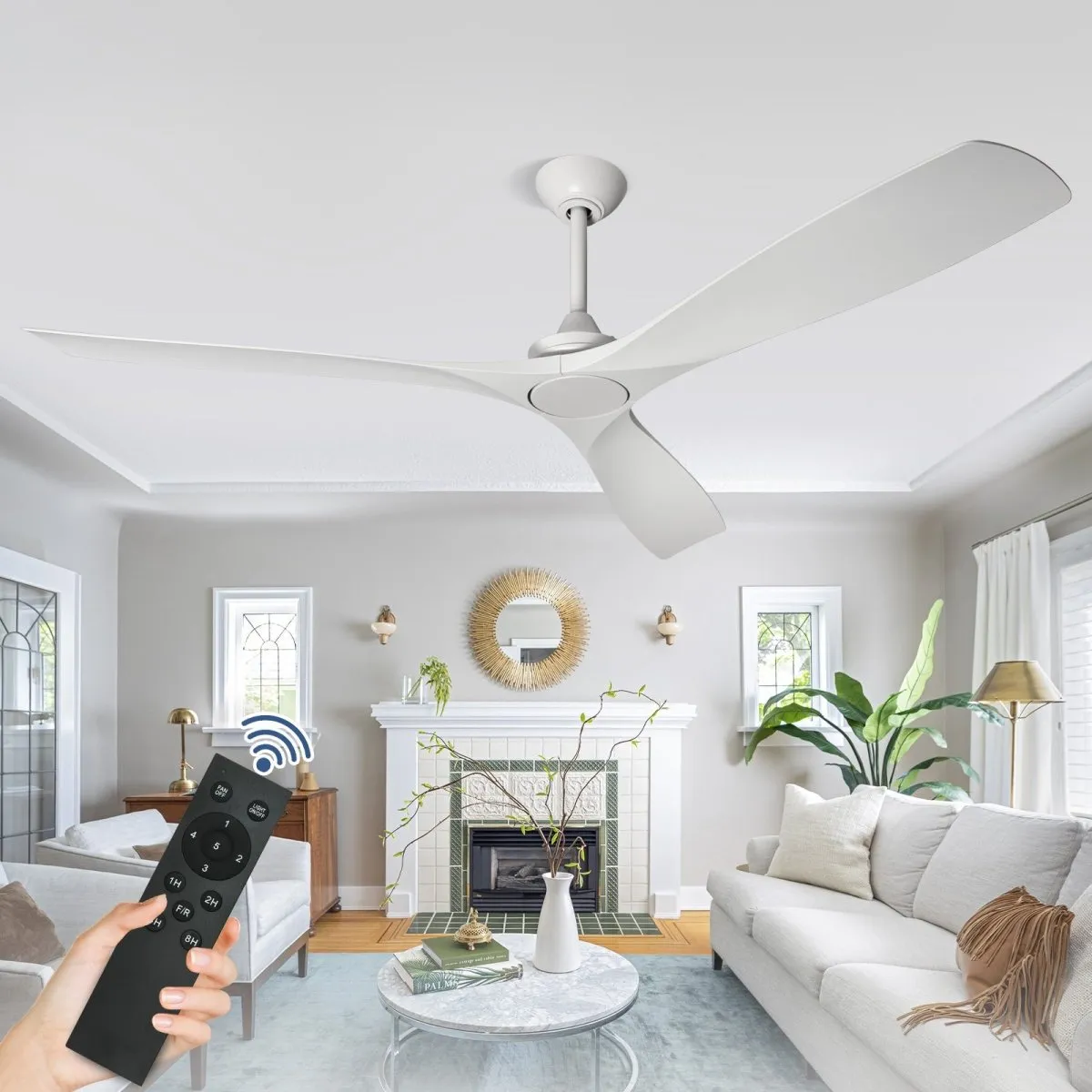 Depuley 60" White Flush Mount Remote Ceiling Fan No Light, Low Profile Modern Ceiling Fans Without Light, Noiseless Reversible DC Motor for Patios/Living Room/Study/Gazebo, Timing