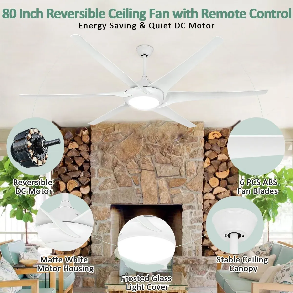 Depuley 80" Large Plus Ceiling Fan with Lights, Large Reversible Ceiling Fan with 6 Blades, 24W Modern Ceiling Fans with 5-Speed for Living Room & Covered Outdoor, 3 Color Changeable, Timer