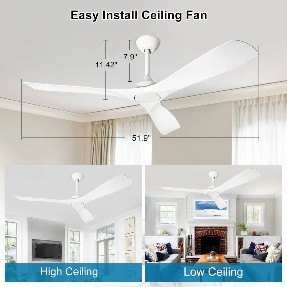 Depuley White Modern Remote Ceiling Fan No Light, Low Profile Ceiling Fans Without Light, 52-Inch Noiseless Reversible DC Motor for Kitchen/Patio/Farmhouse & Covered Outdoor, Timing