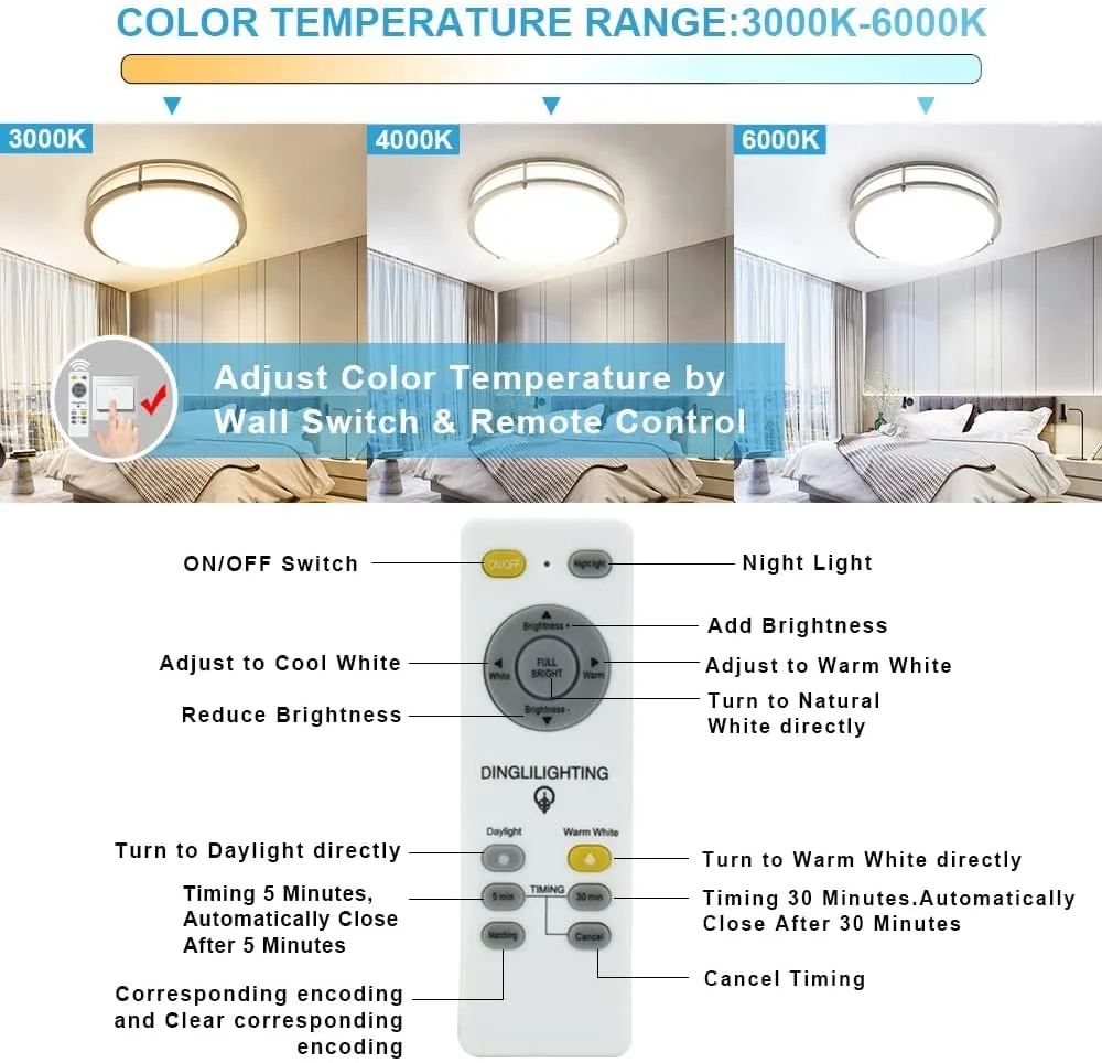 DLLT 30W Modern Dimmable LED Ceiling Light with Remote - 13.31 Inch Round Close to Ceiling Lights, 3000K-6000K 3 Light Color Changeable