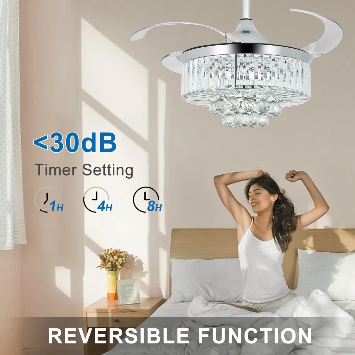 DLLT 42 In Modern Crystal Retractable Invisible Blades Fandelier, LED Chandelier Ceiling Fan with Lights and Remote for Bedroom, Living Room, 3 Color Changeable 3000K-6000K, Reversible DC Motor, 6 Speed, Silver