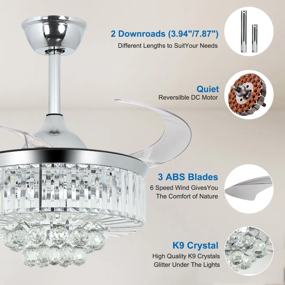 DLLT 42 In Modern Crystal Retractable Invisible Blades Fandelier, LED Chandelier Ceiling Fan with Lights and Remote for Bedroom, Living Room, 3 Color Changeable 3000K-6000K, Reversible DC Motor, 6 Speed, Silver