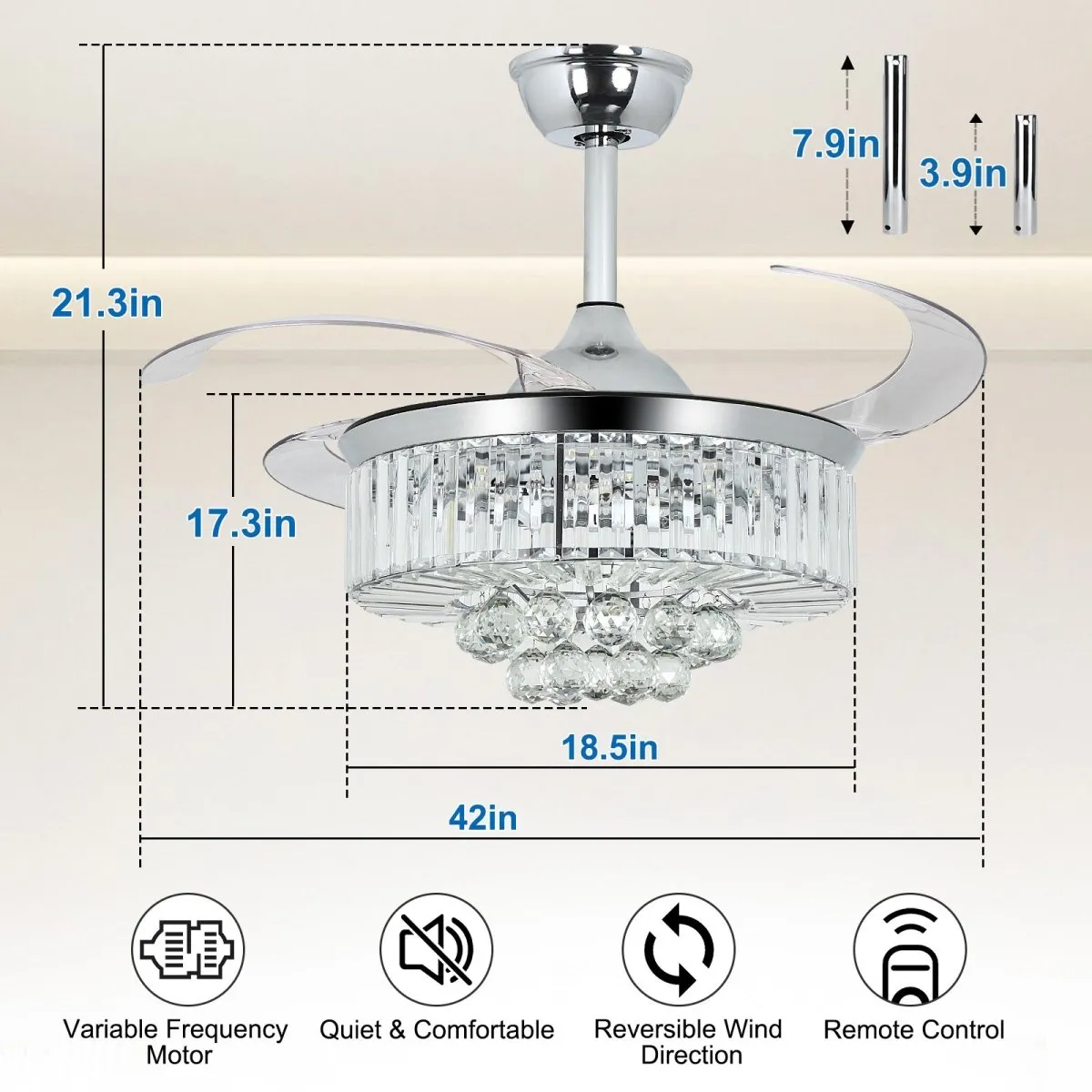 DLLT 42 In Modern Crystal Retractable Invisible Blades Fandelier, LED Chandelier Ceiling Fan with Lights and Remote for Bedroom, Living Room, 3 Color Changeable 3000K-6000K, Reversible DC Motor, 6 Speed, Silver