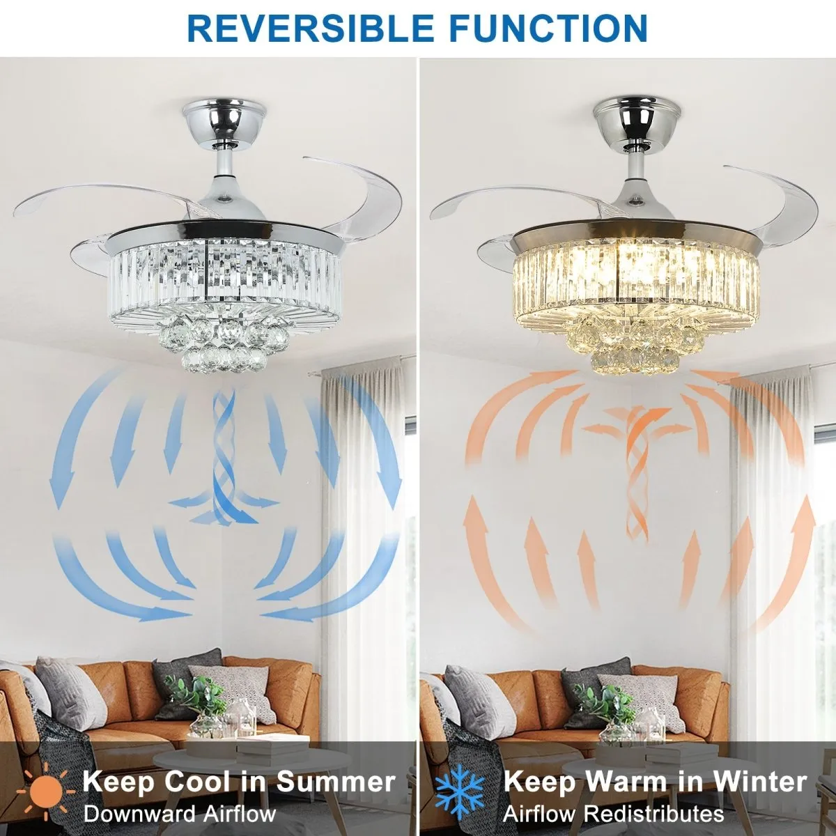 DLLT 42 In Modern Crystal Retractable Invisible Blades Fandelier, LED Chandelier Ceiling Fan with Lights and Remote for Bedroom, Living Room, 3 Color Changeable 3000K-6000K, Reversible DC Motor, 6 Speed, Silver