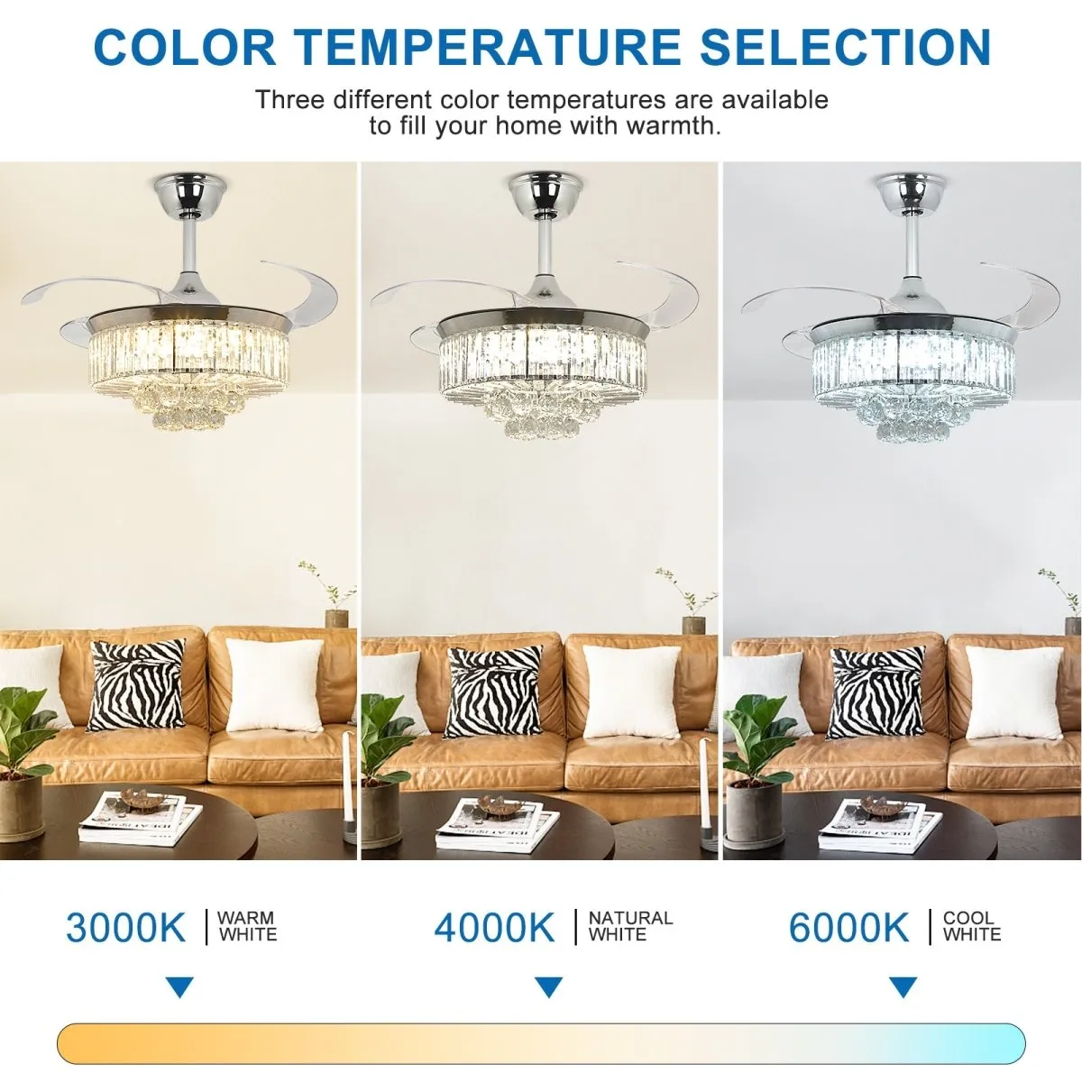 DLLT 42 In Modern Crystal Retractable Invisible Blades Fandelier, LED Chandelier Ceiling Fan with Lights and Remote for Bedroom, Living Room, 3 Color Changeable 3000K-6000K, Reversible DC Motor, 6 Speed, Silver