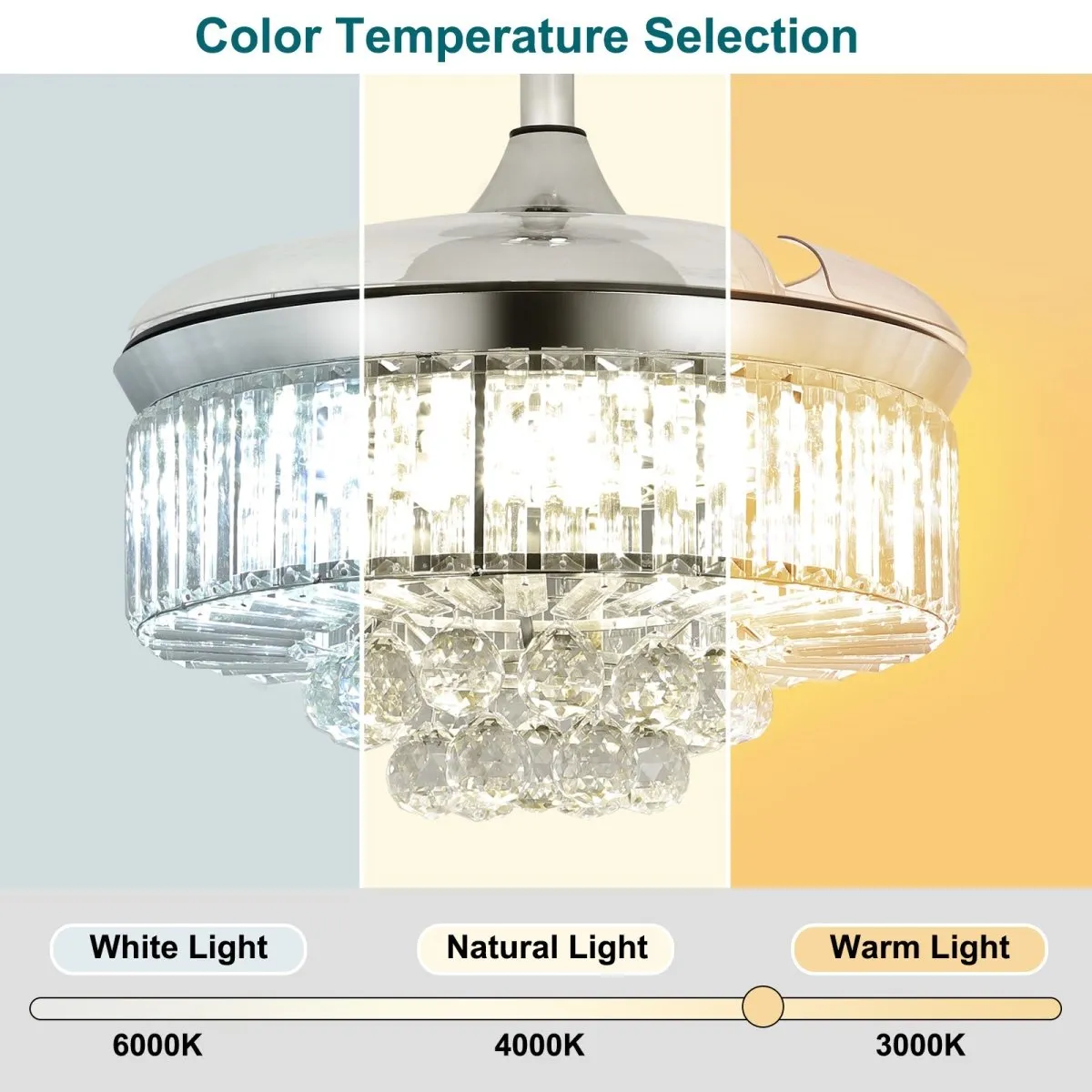 DLLT 42 In Modern Crystal Retractable Invisible Blades Fandelier, LED Chandelier Ceiling Fan with Lights and Remote for Bedroom, Living Room, 3 Color Changeable 3000K-6000K, Reversible DC Motor, 6 Speed, Silver