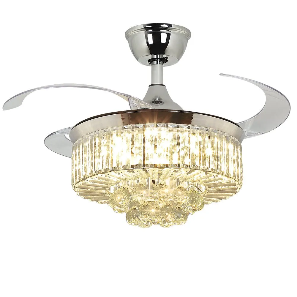 DLLT 42 In Modern Crystal Retractable Invisible Blades Fandelier, LED Chandelier Ceiling Fan with Lights and Remote for Bedroom, Living Room, 3 Color Changeable 3000K-6000K, Reversible DC Motor, 6 Speed, Silver