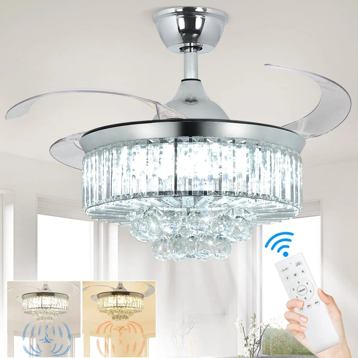 DLLT 42 In Modern Crystal Retractable Invisible Blades Fandelier, LED Chandelier Ceiling Fan with Lights and Remote for Bedroom, Living Room, 3 Color Changeable 3000K-6000K, Reversible DC Motor, 6 Speed, Silver