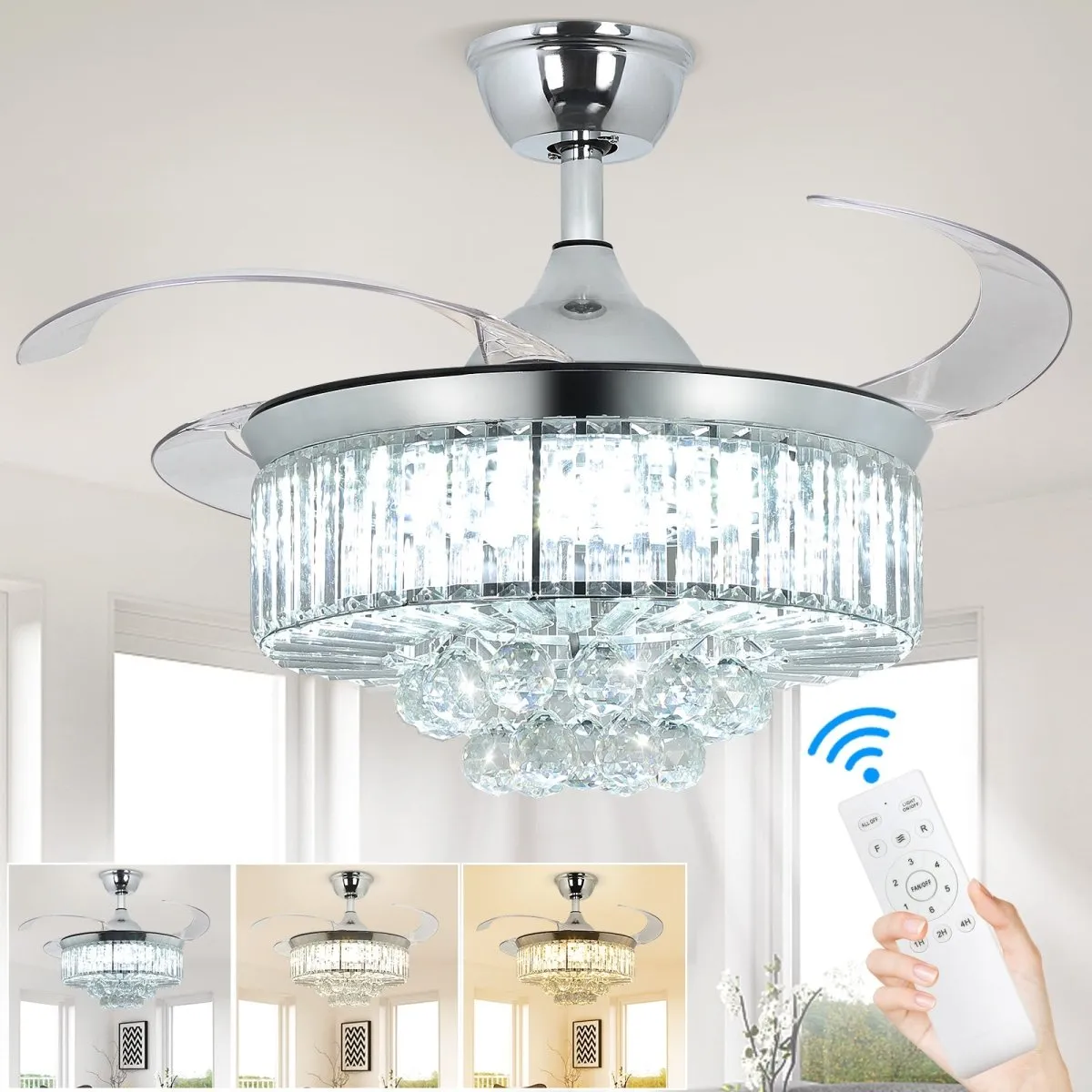 DLLT 42 In Modern Crystal Retractable Invisible Blades Fandelier, LED Chandelier Ceiling Fan with Lights and Remote for Bedroom, Living Room, 3 Color Changeable 3000K-6000K, Reversible DC Motor, 6 Speed, Silver