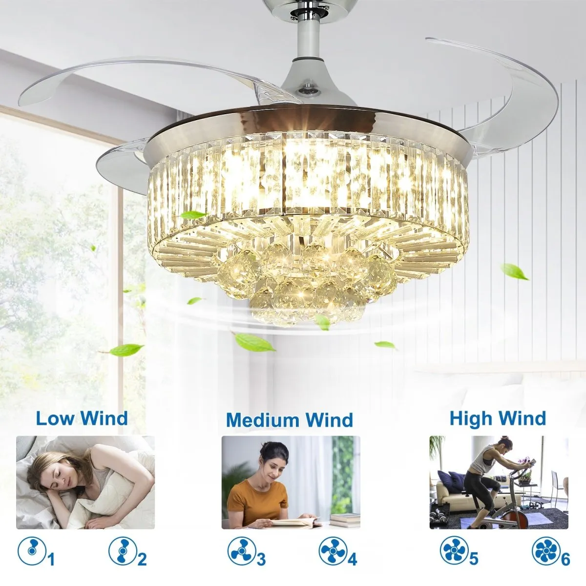 DLLT 42 In Modern Crystal Retractable Invisible Blades Fandelier, LED Chandelier Ceiling Fan with Lights and Remote for Bedroom, Living Room, 3 Color Changeable 3000K-6000K, Reversible DC Motor, 6 Speed, Silver