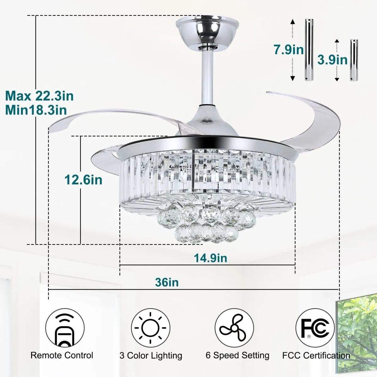 DLLT 42 In Modern Crystal Retractable Invisible Blades Fandelier, LED Chandelier Ceiling Fan with Lights and Remote for Bedroom, Living Room, 3 Color Changeable 3000K-6000K, Reversible DC Motor, 6 Speed, Silver