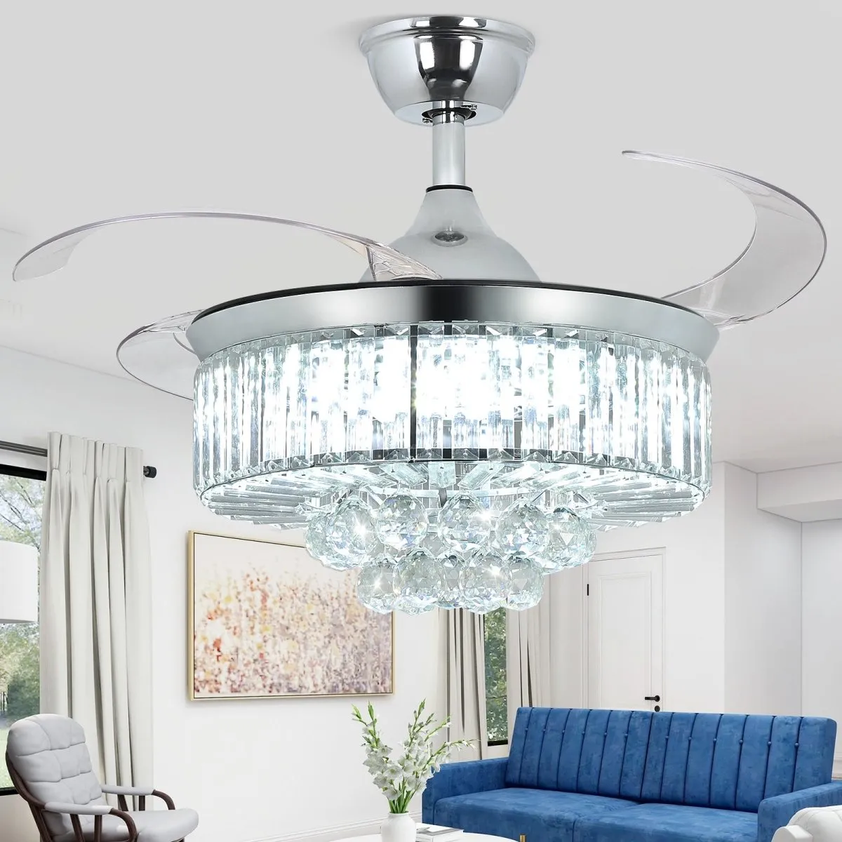 DLLT 42 In Modern Crystal Retractable Invisible Blades Fandelier, LED Chandelier Ceiling Fan with Lights and Remote for Bedroom, Living Room, 3 Color Changeable 3000K-6000K, Reversible DC Motor, 6 Speed, Silver