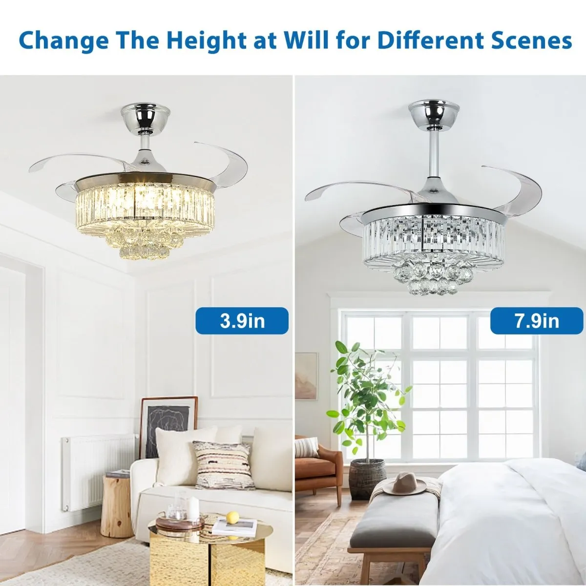 DLLT 42 In Modern Crystal Retractable Invisible Blades Fandelier, LED Chandelier Ceiling Fan with Lights and Remote for Bedroom, Living Room, 3 Color Changeable 3000K-6000K, Reversible DC Motor, 6 Speed, Silver