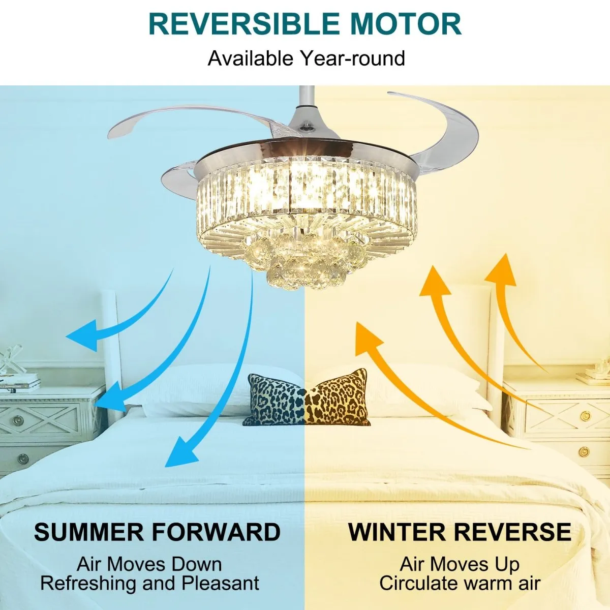 DLLT 42 In Modern Crystal Retractable Invisible Blades Fandelier, LED Chandelier Ceiling Fan with Lights and Remote for Bedroom, Living Room, 3 Color Changeable 3000K-6000K, Reversible DC Motor, 6 Speed, Silver