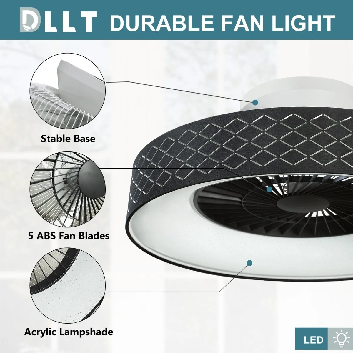 DLLT Low Profile Ceiling Fan with Light, 22.5'' LED Dimmable Ceiling Fans with Lights and Remote, Modern Bladeless Enclosed Ceiling Fan Flush Mount with Reverse Motor for Bedroom Living Room, Black Argyle
