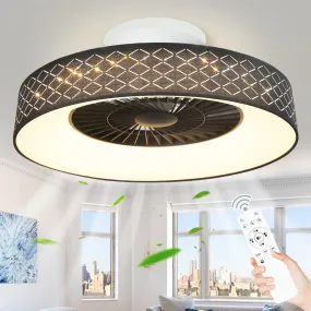 DLLT Low Profile Ceiling Fan with Light, 22.5'' LED Dimmable Ceiling Fans with Lights and Remote, Modern Bladeless Enclosed Ceiling Fan Flush Mount with Reverse Motor for Bedroom Living Room, Black Argyle