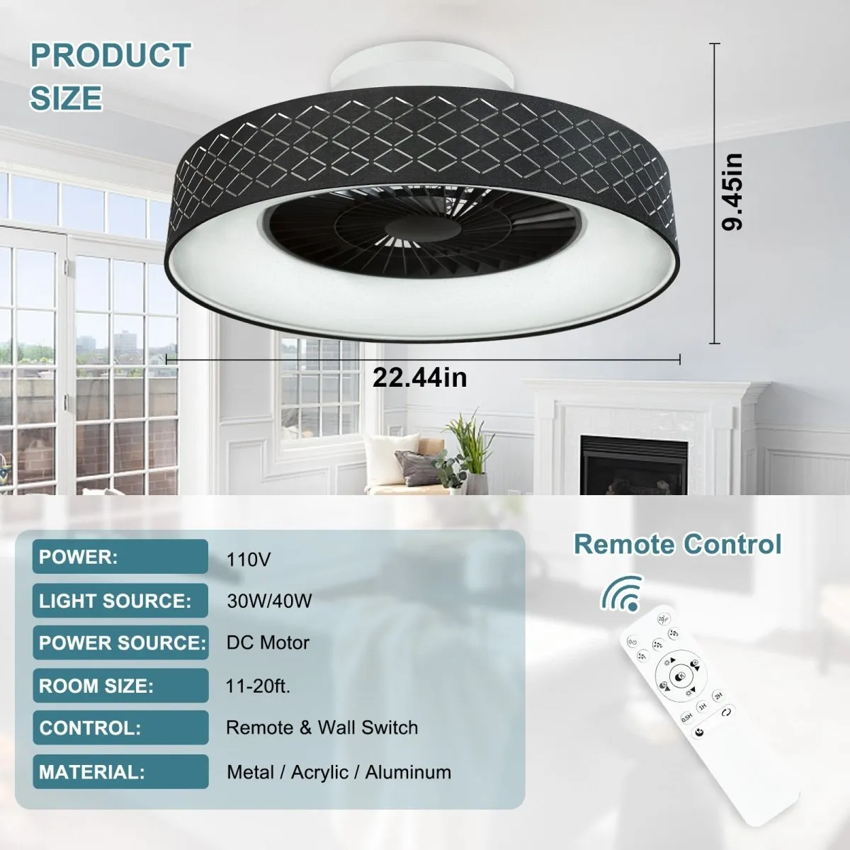 DLLT Low Profile Ceiling Fan with Light, 22.5'' LED Dimmable Ceiling Fans with Lights and Remote, Modern Bladeless Enclosed Ceiling Fan Flush Mount with Reverse Motor for Bedroom Living Room, Black Argyle