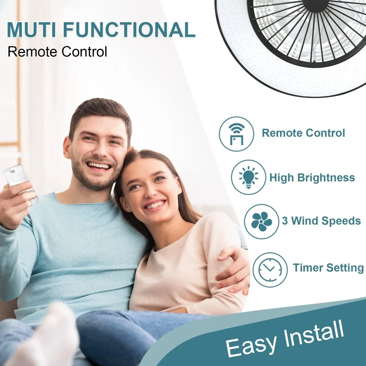 DLLT Low Profile Ceiling Fan with Light, 22.5'' LED Dimmable Ceiling Fans with Lights and Remote, Modern Bladeless Enclosed Ceiling Fan Flush Mount with Reverse Motor for Bedroom Living Room, Black Argyle