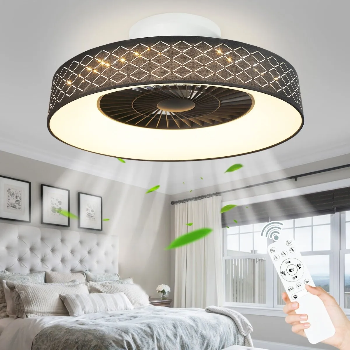 DLLT Low Profile Ceiling Fan with Light, 22.5'' LED Dimmable Ceiling Fans with Lights and Remote, Modern Bladeless Enclosed Ceiling Fan Flush Mount with Reverse Motor for Bedroom Living Room, Black Argyle