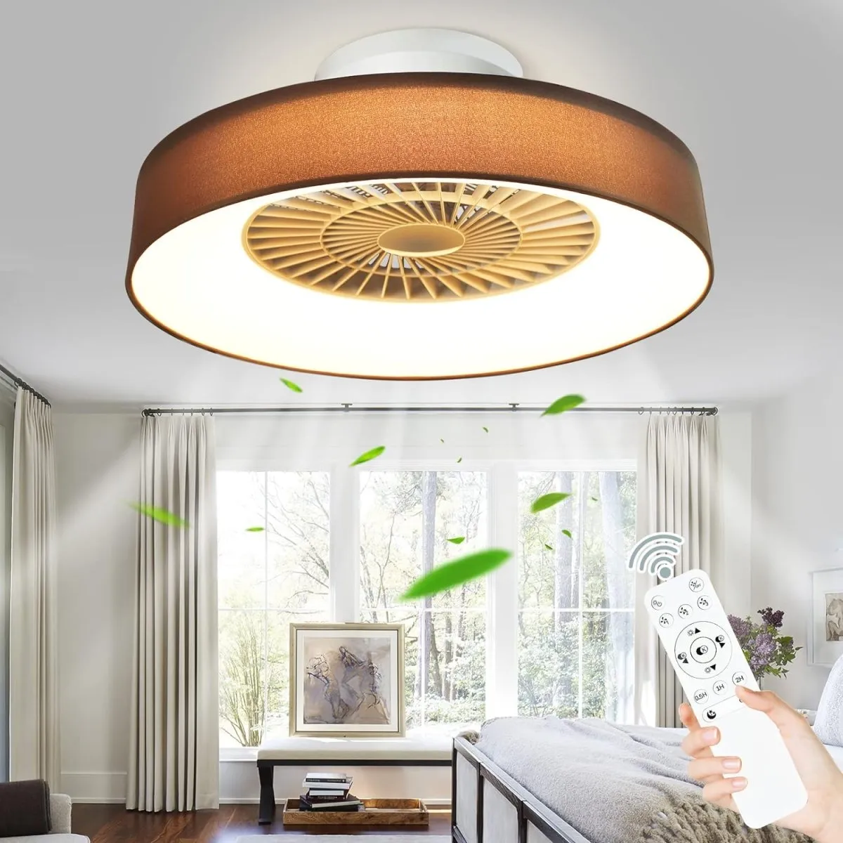 DLLT Low Profile Ceiling Fan with Light, 22.5'' LED Dimmable Ceiling Fans with Lights and Remote, Modern Bladeless Enclosed Ceiling Fan Flush Mount with Reverse Motor for Bedroom Living Room, Brown