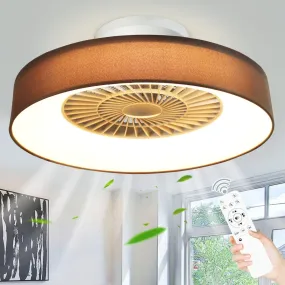 DLLT Low Profile Ceiling Fan with Light, 22.5'' LED Dimmable Ceiling Fans with Lights and Remote, Modern Bladeless Enclosed Ceiling Fan Flush Mount with Reverse Motor for Bedroom Living Room, Brown