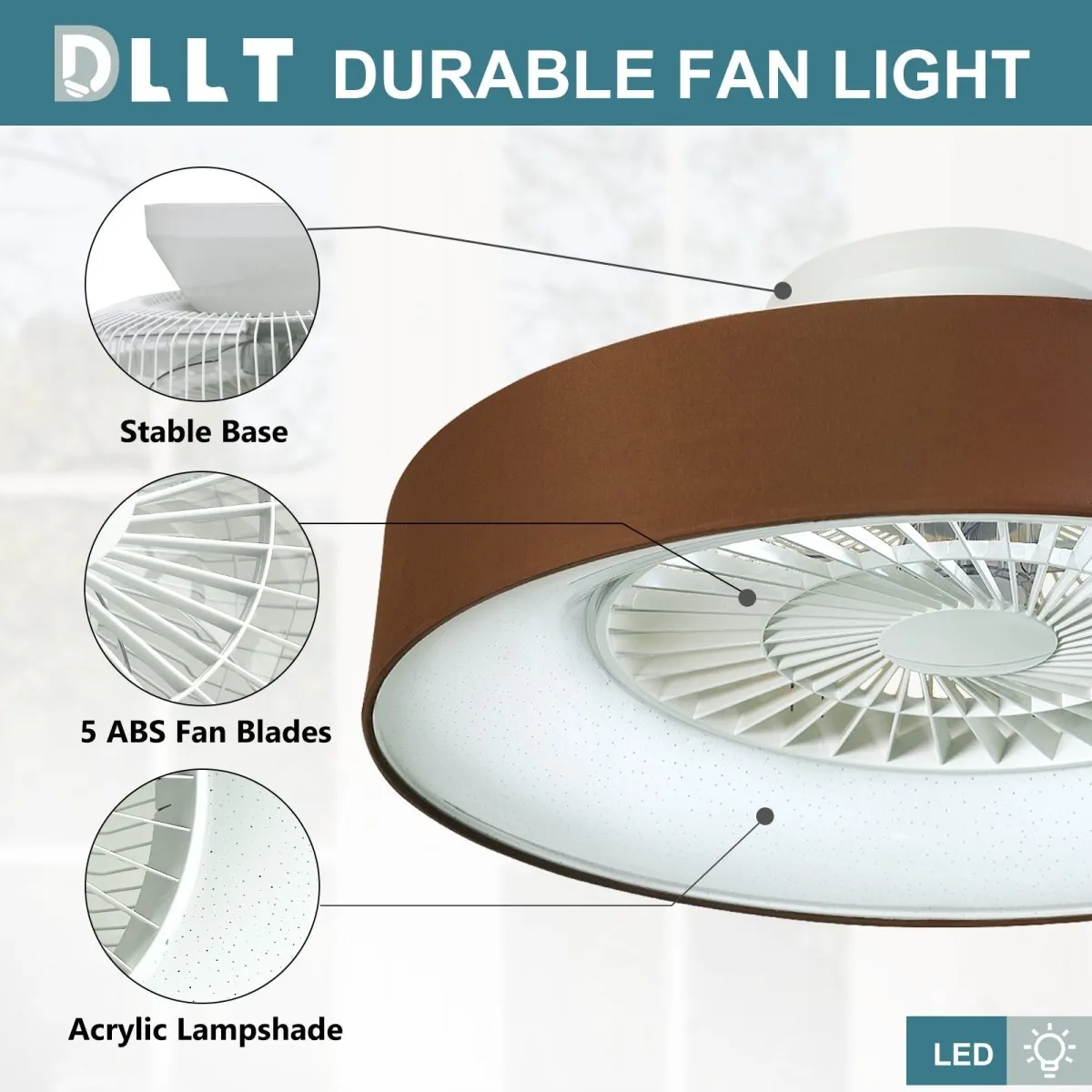 DLLT Low Profile Ceiling Fan with Light, 22.5'' LED Dimmable Ceiling Fans with Lights and Remote, Modern Bladeless Enclosed Ceiling Fan Flush Mount with Reverse Motor for Bedroom Living Room, Brown