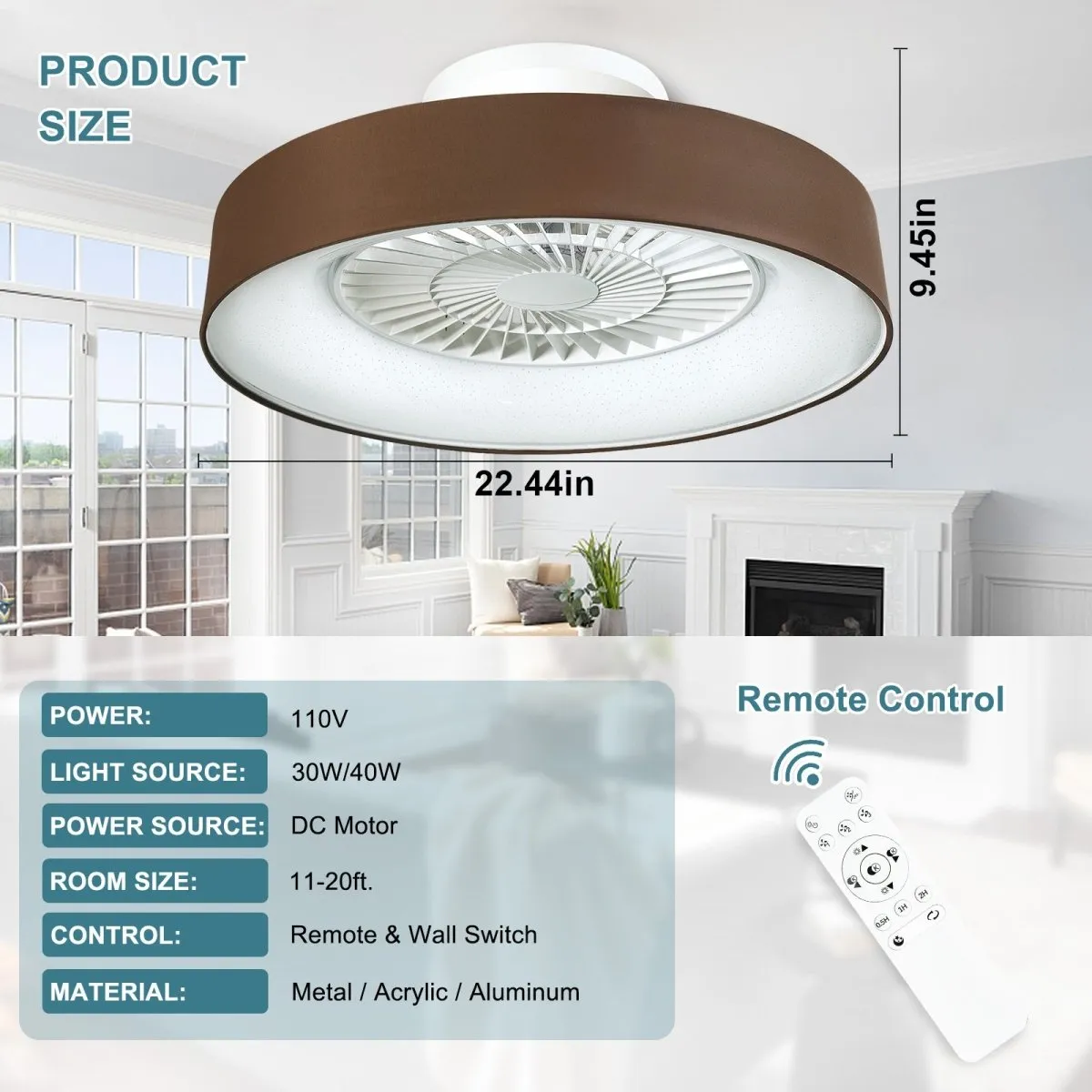 DLLT Low Profile Ceiling Fan with Light, 22.5'' LED Dimmable Ceiling Fans with Lights and Remote, Modern Bladeless Enclosed Ceiling Fan Flush Mount with Reverse Motor for Bedroom Living Room, Brown