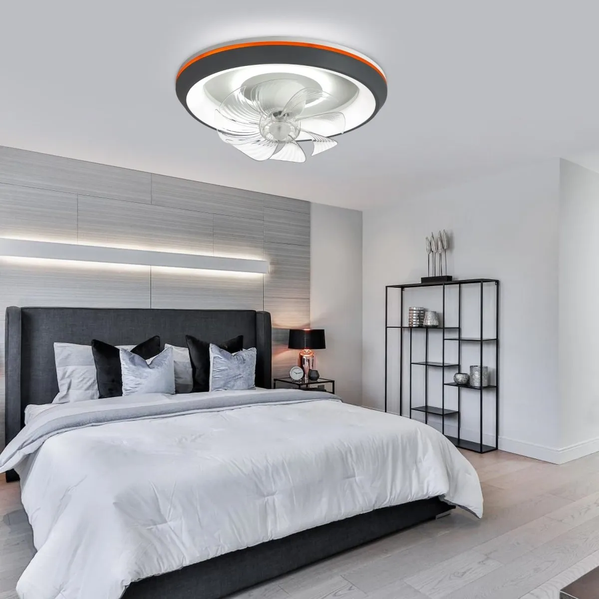 DLLT Modern Ceiling Fans with Lights, 360-Degree Rotation Low Profile Ceiling Fans with Lights and Remote, Dimmable LED Reversible Timing, 3 Colors 6 Speeds Bladeless for Bedroom, Kitchen, 19’’, Grey, UFO