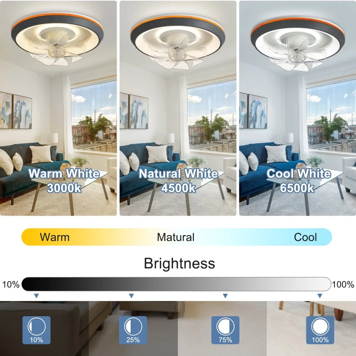 DLLT Modern Ceiling Fans with Lights, 360-Degree Rotation Low Profile Ceiling Fans with Lights and Remote, Dimmable LED Reversible Timing, 3 Colors 6 Speeds Bladeless for Bedroom, Kitchen, 19’’, Grey, UFO