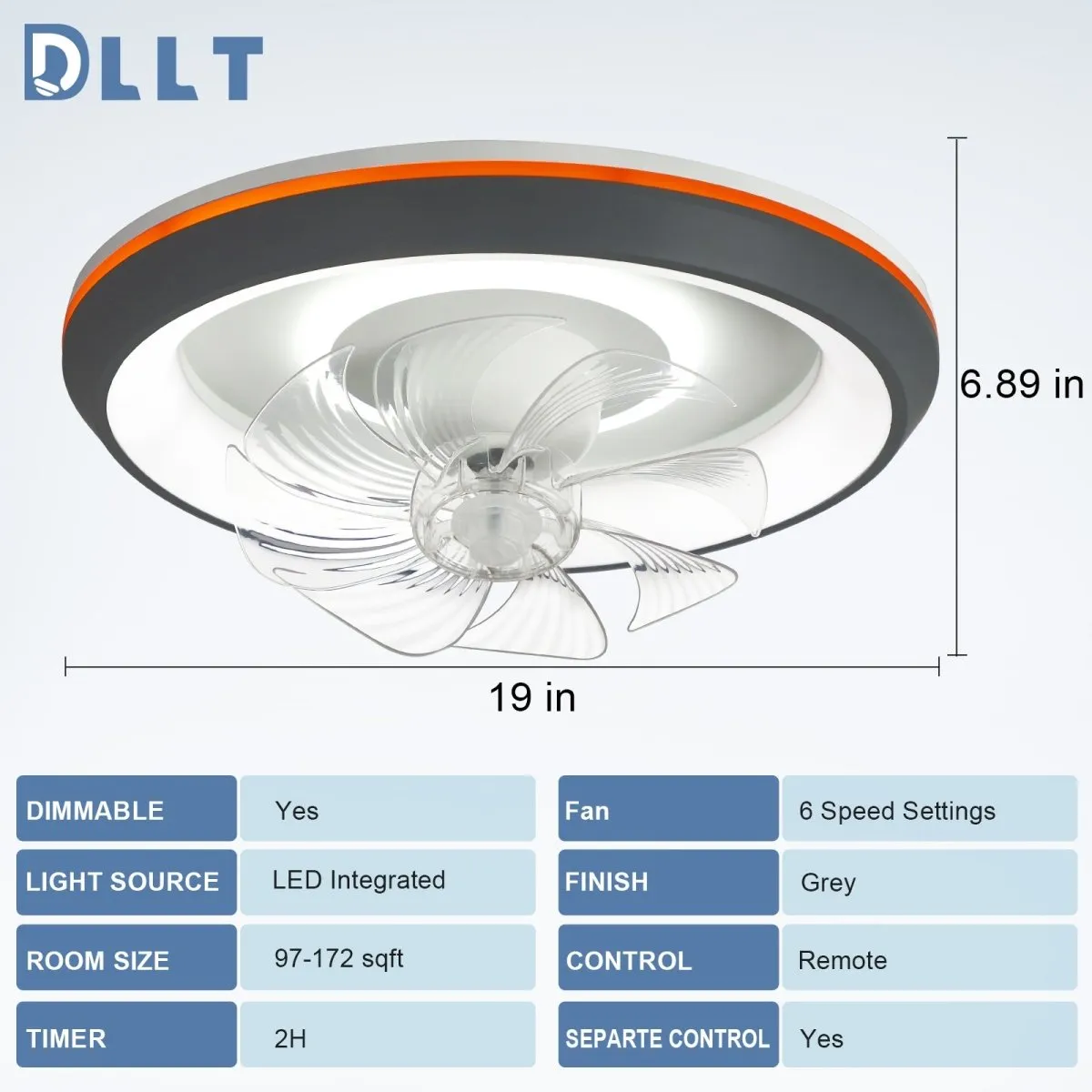DLLT Modern Ceiling Fans with Lights, 360-Degree Rotation Low Profile Ceiling Fans with Lights and Remote, Dimmable LED Reversible Timing, 3 Colors 6 Speeds Bladeless for Bedroom, Kitchen, 19’’, Grey, UFO