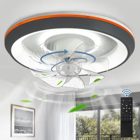 DLLT Modern Ceiling Fans with Lights, 360-Degree Rotation Low Profile Ceiling Fans with Lights and Remote, Dimmable LED Reversible Timing, 3 Colors 6 Speeds Bladeless for Bedroom, Kitchen, 19’’, Grey, UFO