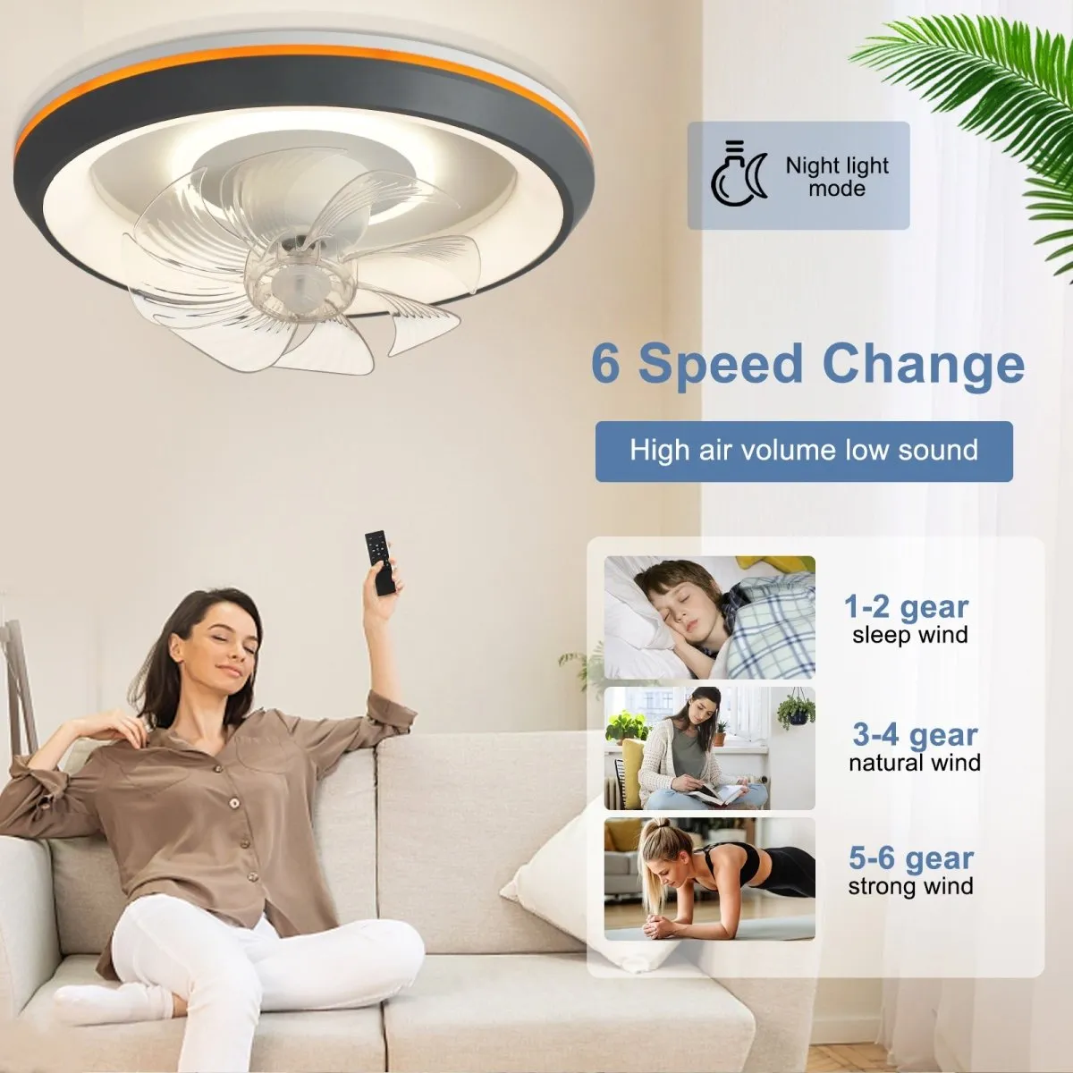 DLLT Modern Ceiling Fans with Lights, 360-Degree Rotation Low Profile Ceiling Fans with Lights and Remote, Dimmable LED Reversible Timing, 3 Colors 6 Speeds Bladeless for Bedroom, Kitchen, 19’’, Grey, UFO